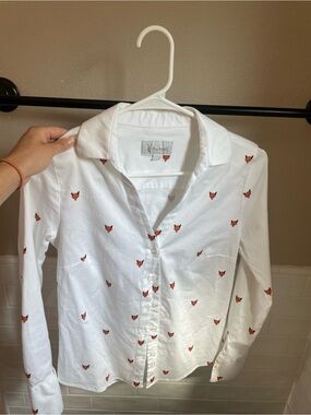 White Button-Up Shirt with Red Fox Print